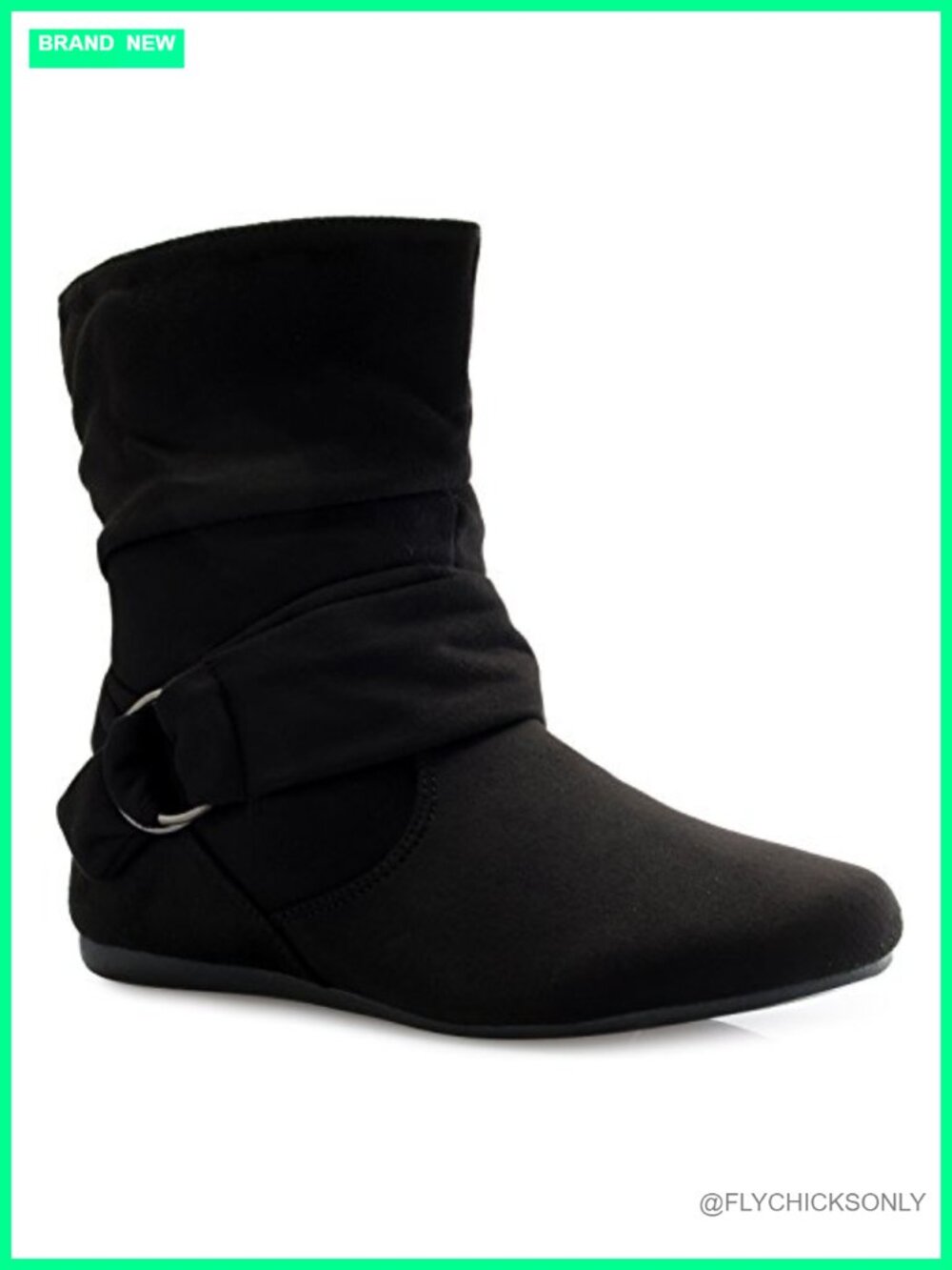 Faux Suede Slouch Ankle Boots with Buckle & Side Zipper Low Heel